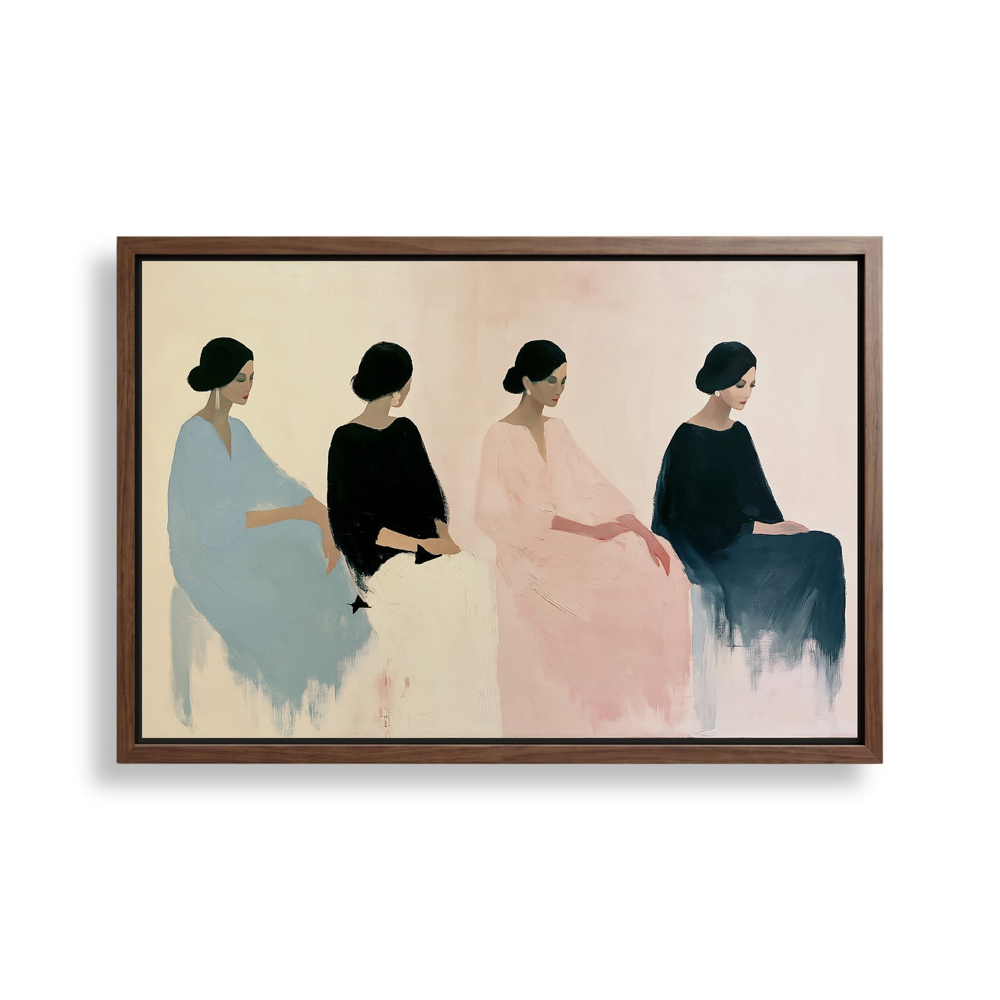 The image is a framed painting depicting four stylized female figures in various poses, arranged in a row.