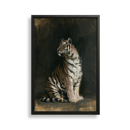 A framed painting depicting a tiger sitting in a dark, moody setting.