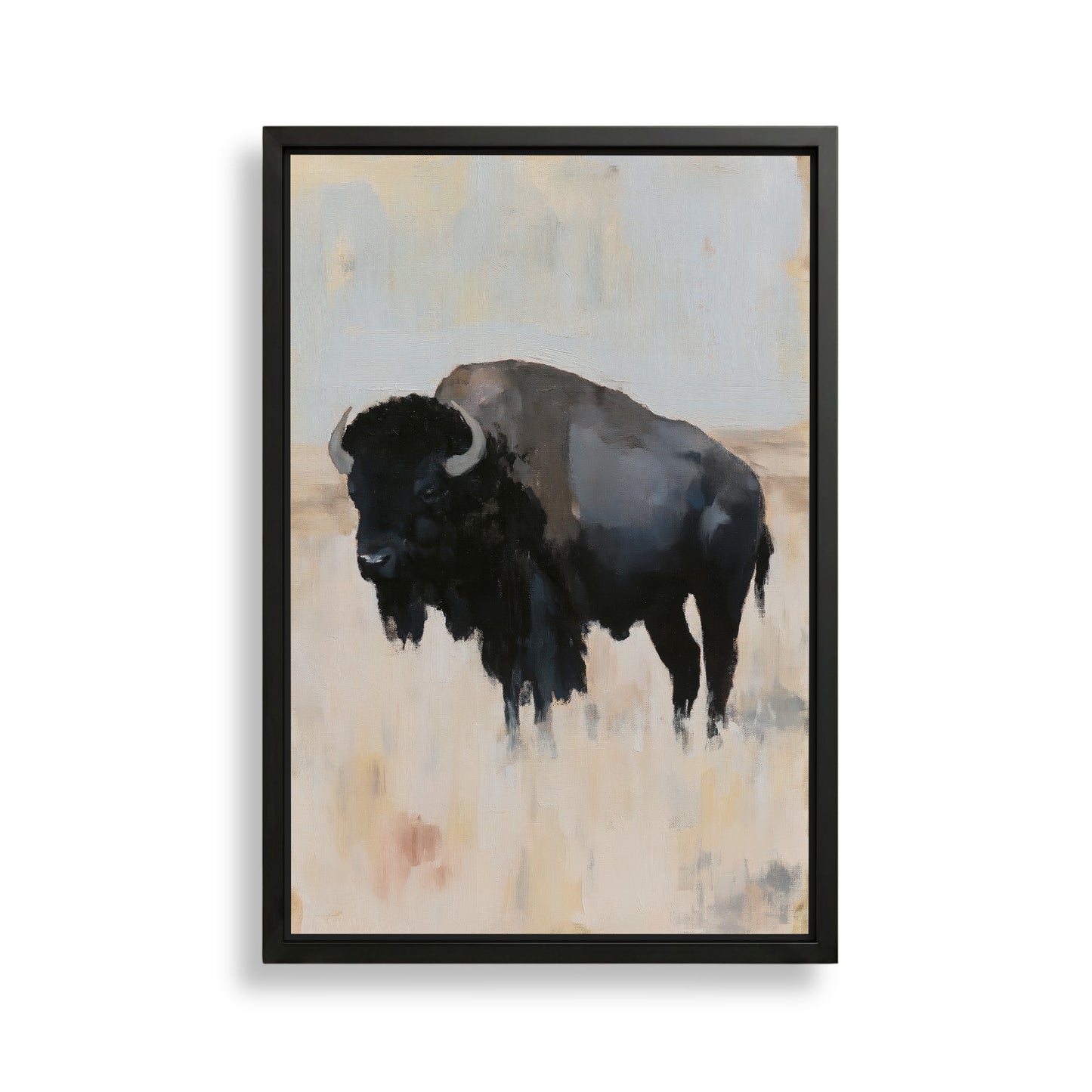 The image is a framed painting depicting a black buffalo standing in a field.