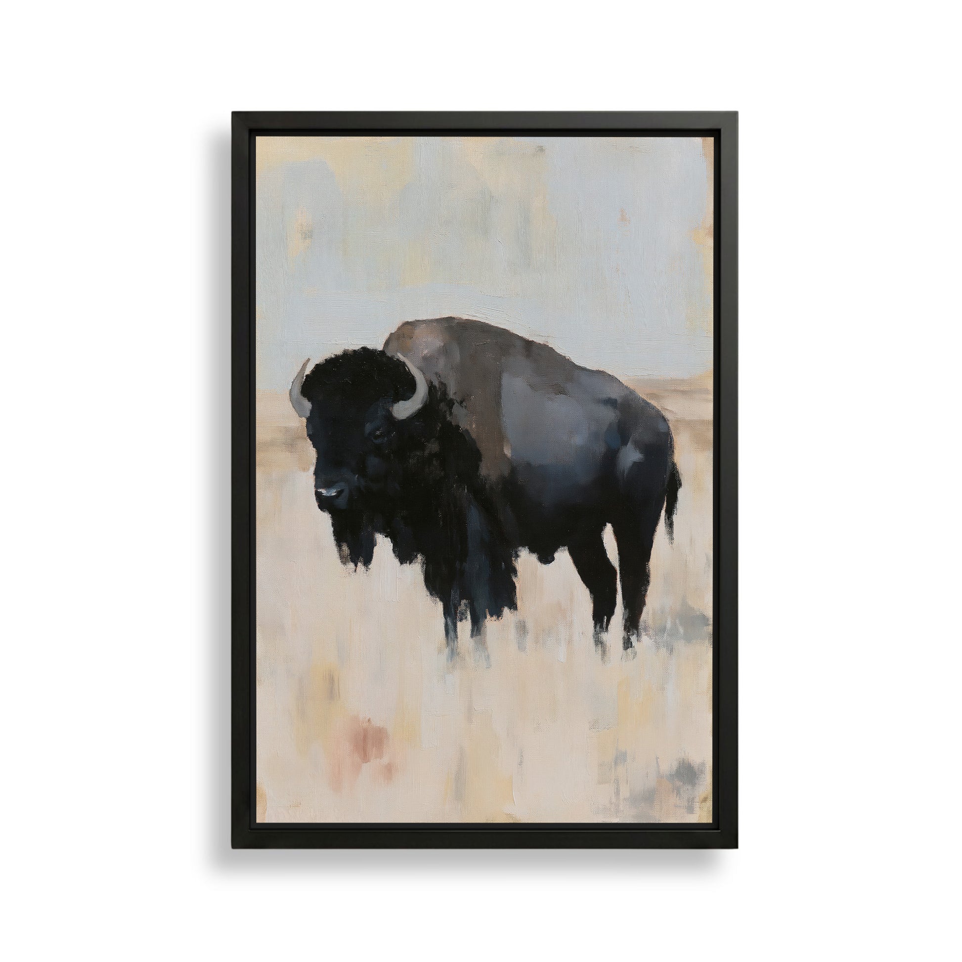 The image is a framed painting depicting a black buffalo standing in a field.