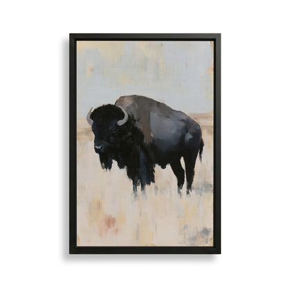 The image is a framed painting depicting a black buffalo standing in a field.