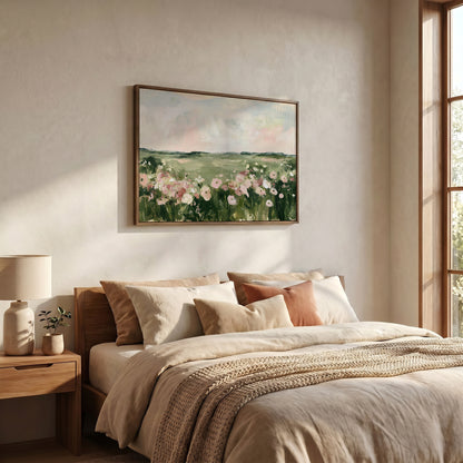 a serene bedroom scene with a large bed adorned with beige bedding and a framed painting of a field of flowers hanging above it.