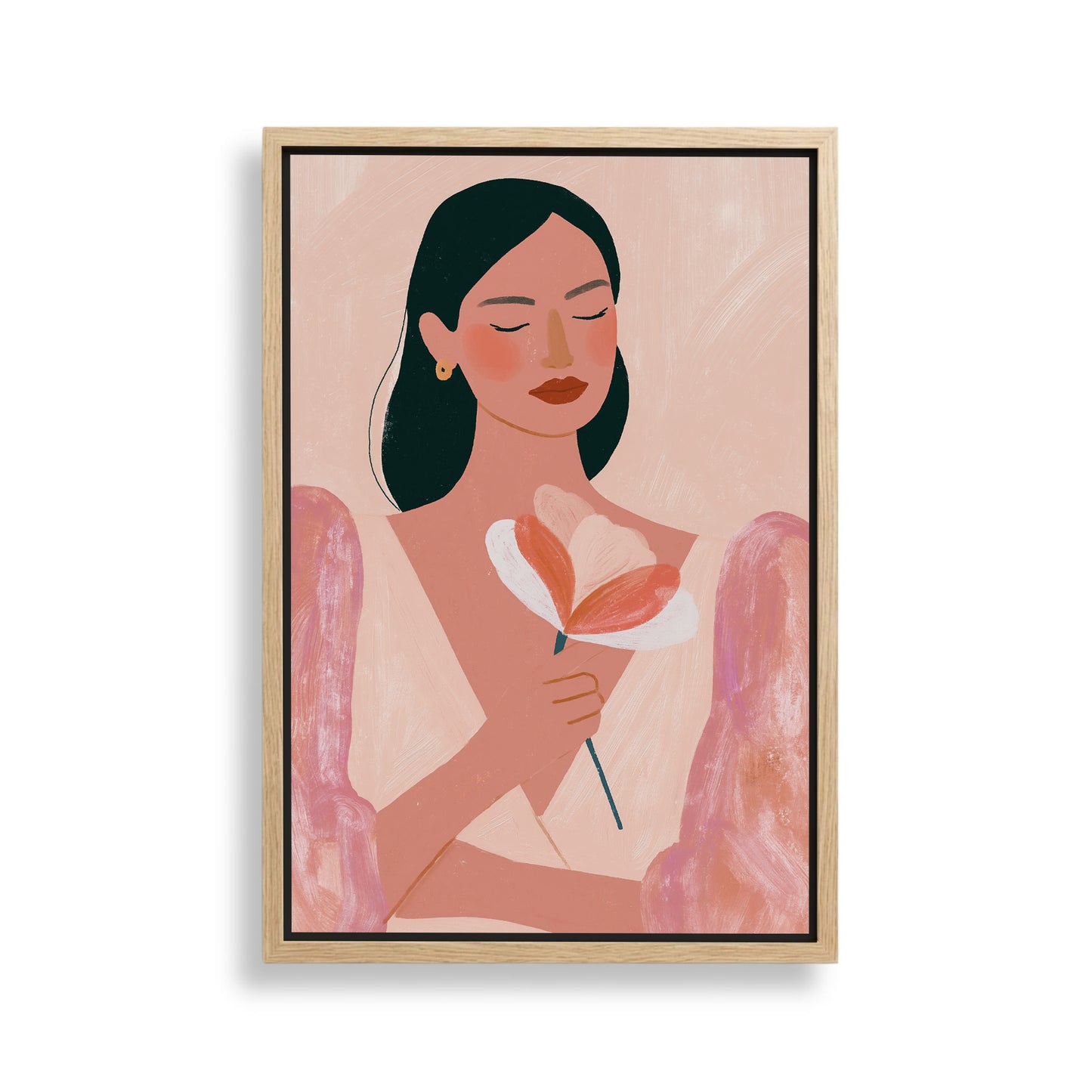 The image is a framed illustration of a woman holding a flower.