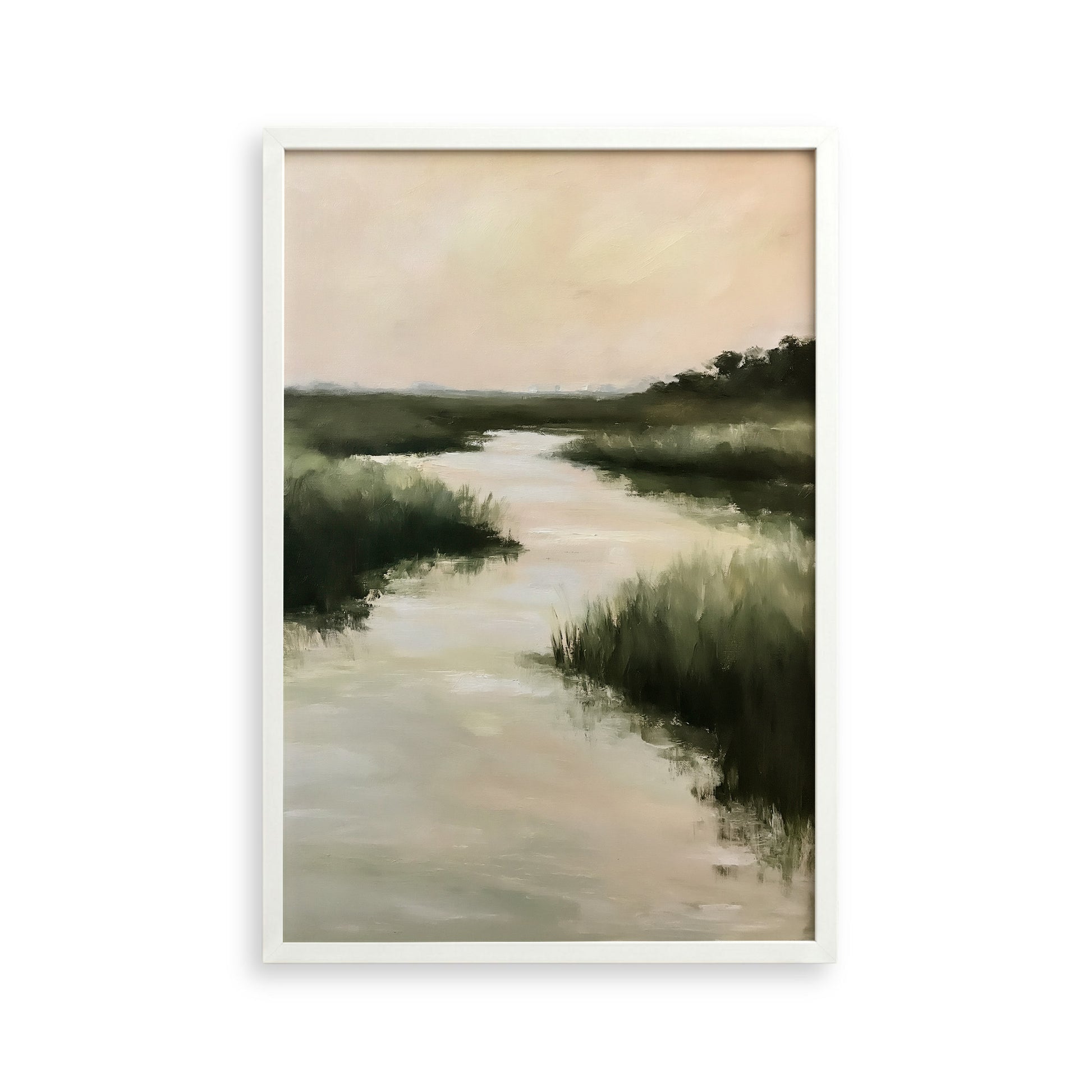 The image is a painting depicting a serene landscape with a river or stream flowing through a lush, green environment.
