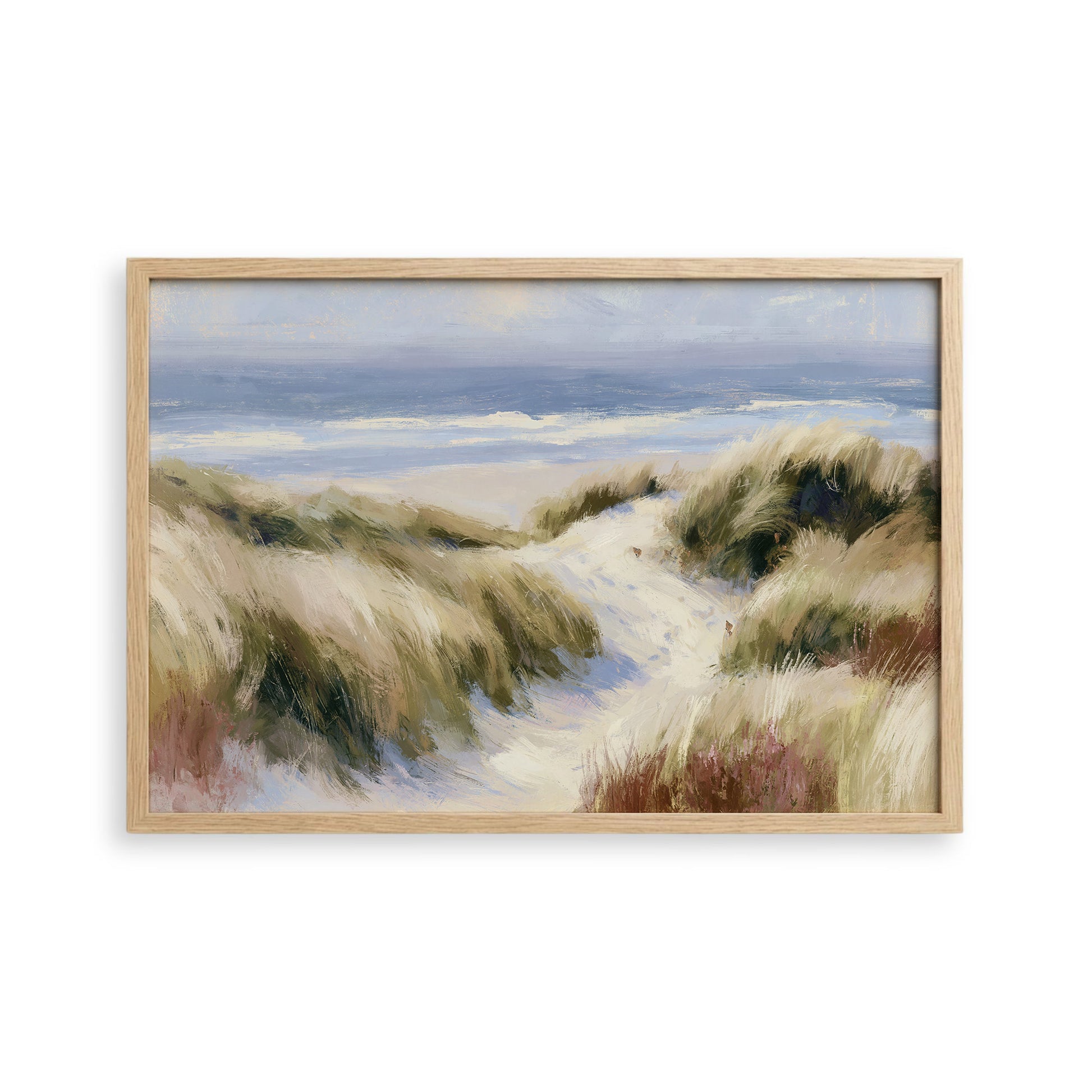 The image is a painting depicting a serene beach scene with sand dunes, grass, and the ocean in the background.