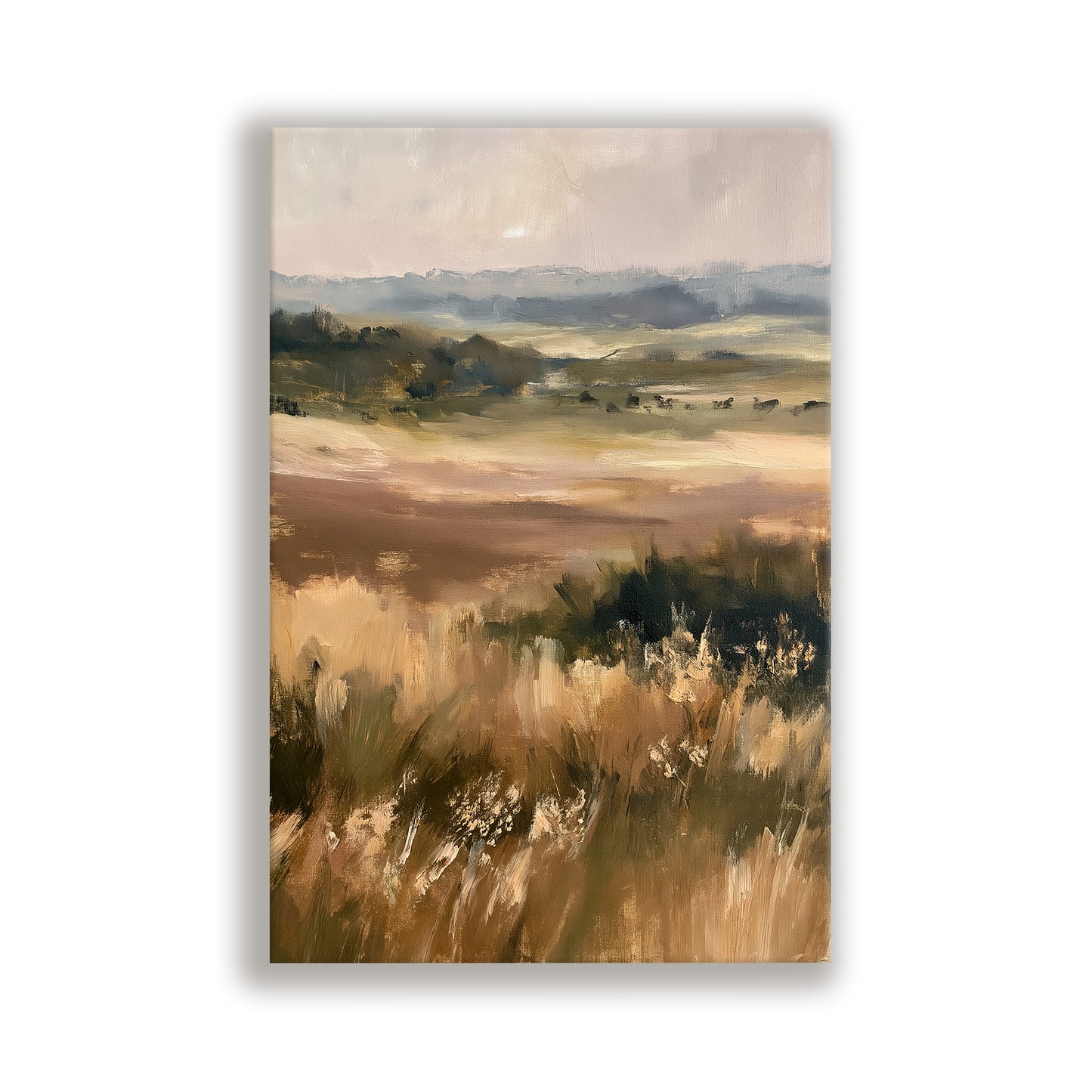 The image is an oil painting depicting a serene landscape with a field of tall grass and a distant horizon.