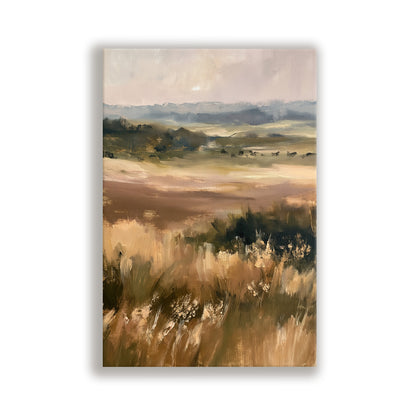 The image is an oil painting depicting a serene landscape with a field of tall grass and a distant horizon.