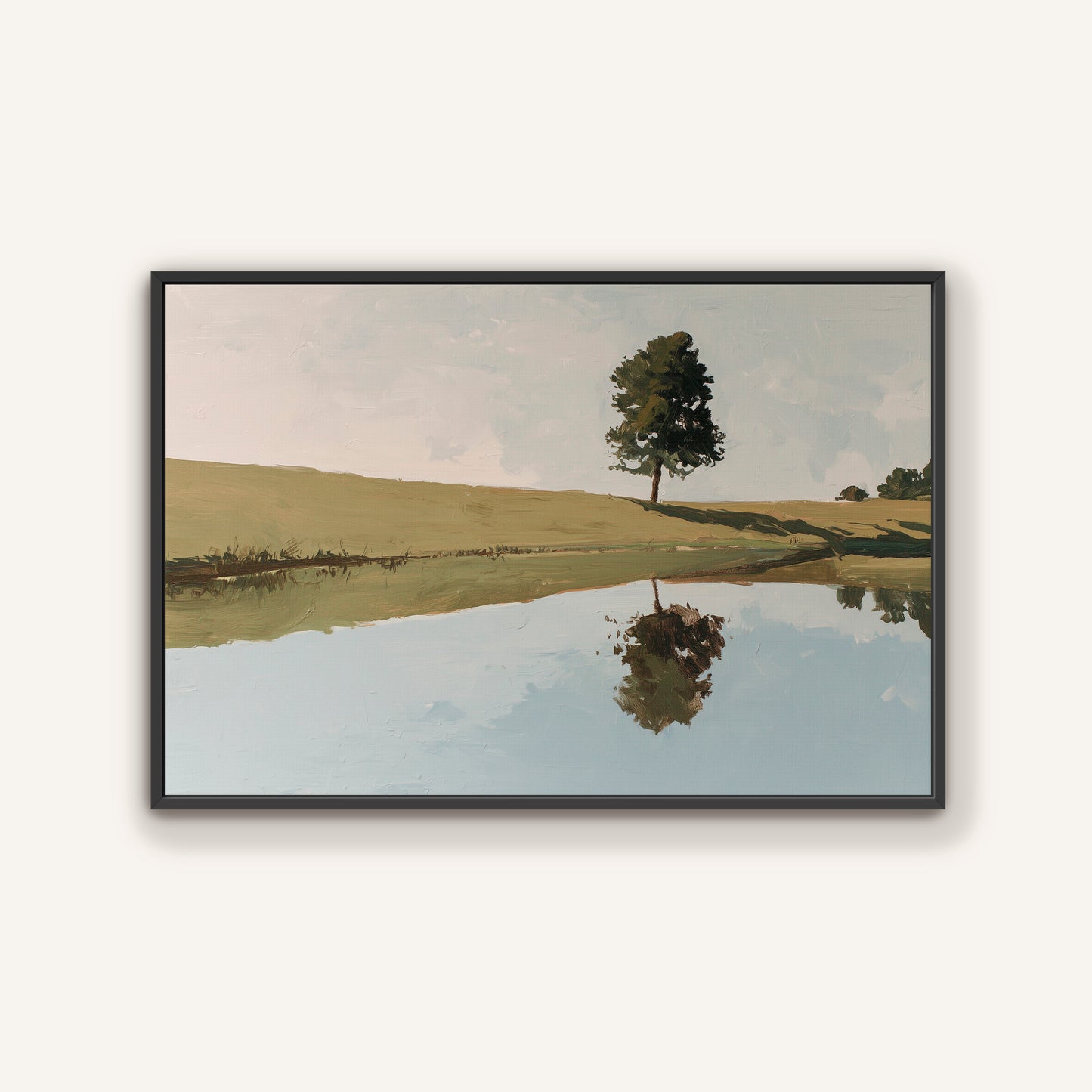 The image is a painting depicting a serene landscape with a tree reflected in a calm body of water.