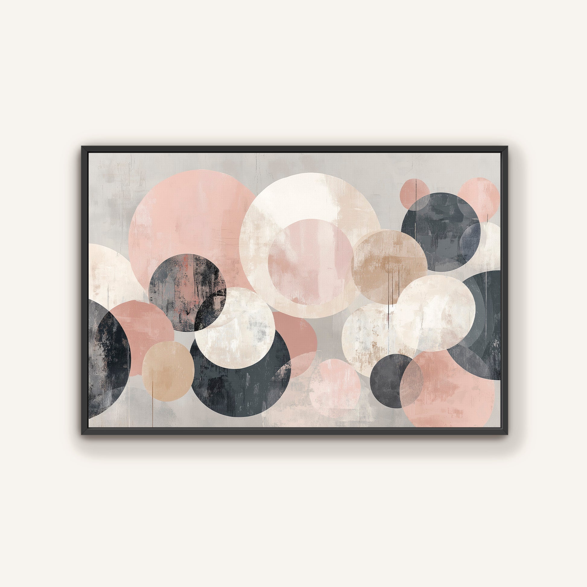 The image is a framed abstract art piece featuring a variety of overlapping circles in different shades of pink, black, and gray.