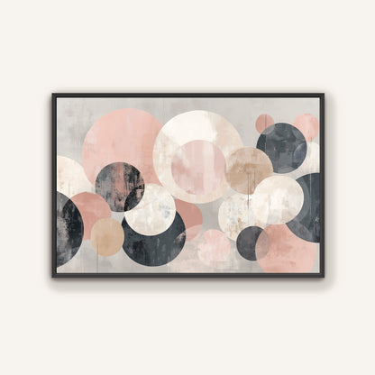 The image is a framed abstract art piece featuring a variety of overlapping circles in different shades of pink, black, and gray.