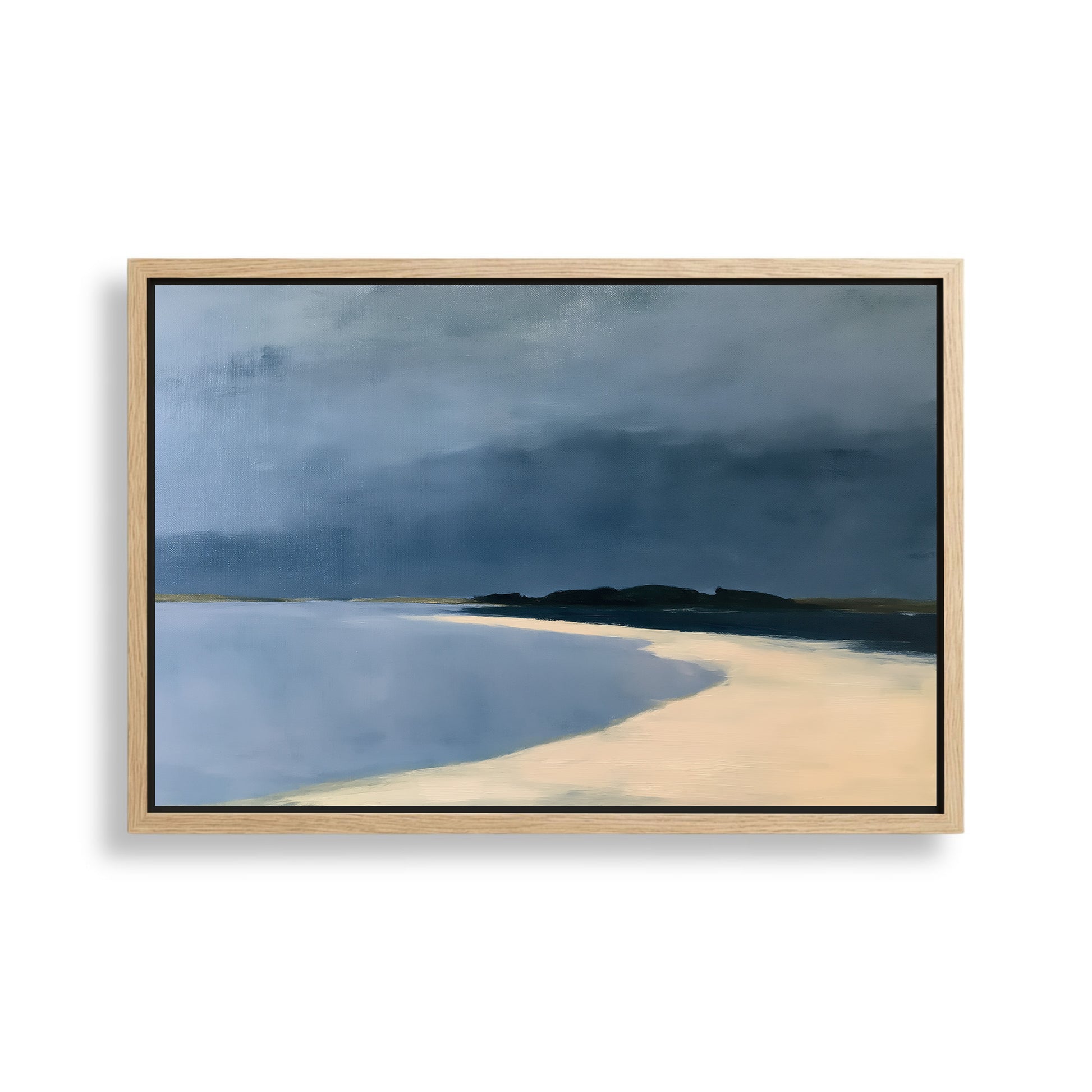 The image is a painting depicting a serene landscape with a beach and a body of water under a cloudy sky.