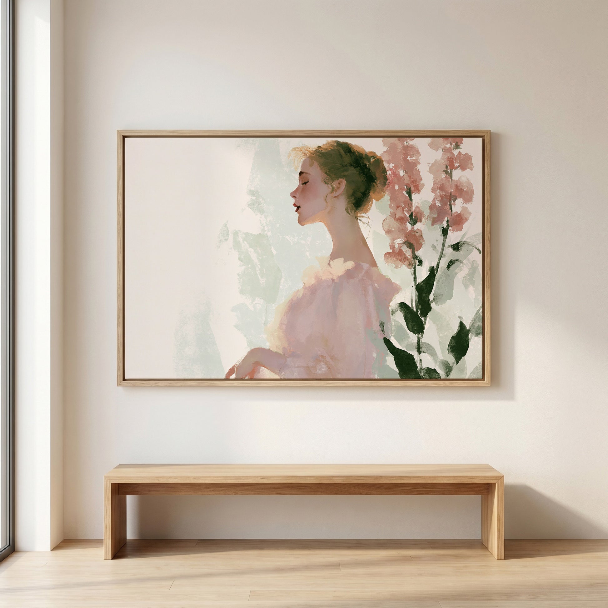 a large painting of a woman with a pensive expression, hanging on a wall above a wooden bench.