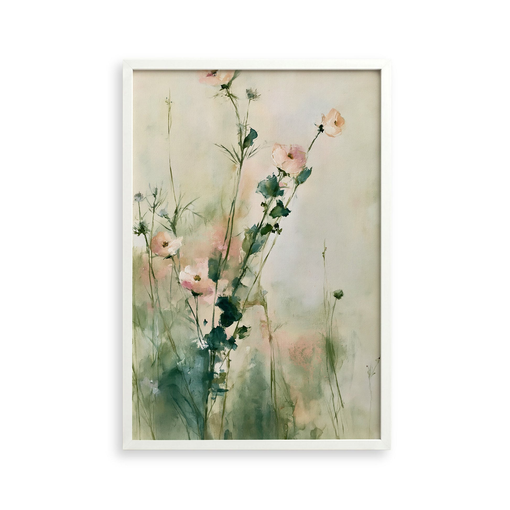 The image is a framed painting depicting a field of pink flowers with green stems and leaves.
