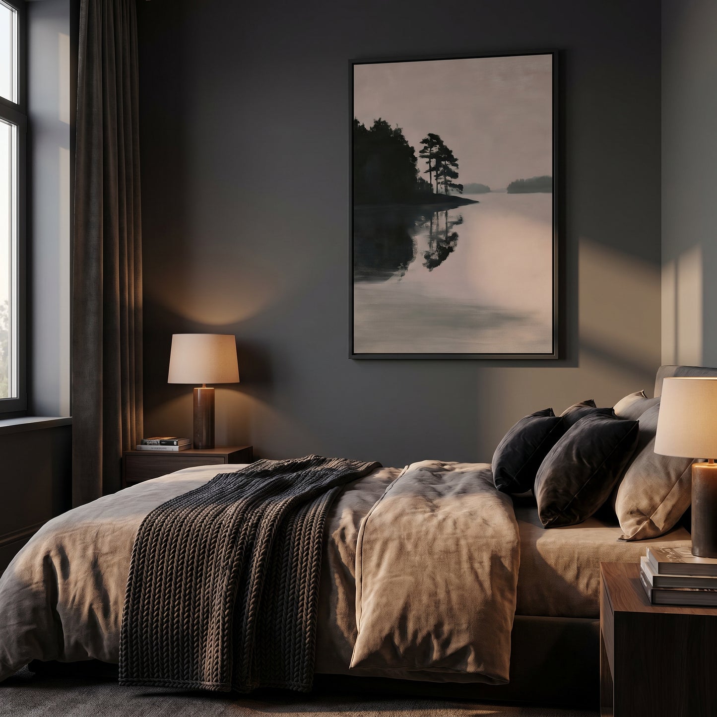 a serene bedroom scene with a large bed, a nightstand, and a framed landscape painting on the wall.