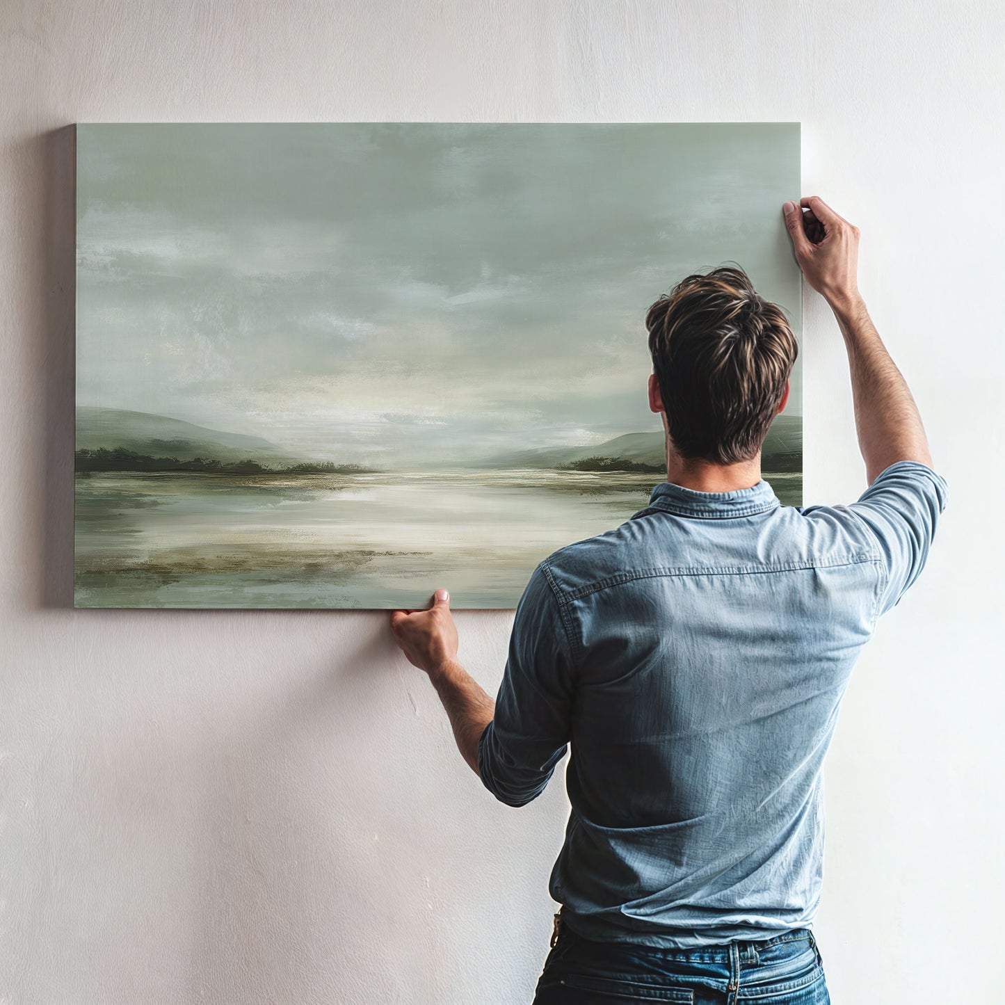 A man hangs a large landscape painting on a wall, looking at it with a contemplative expression.