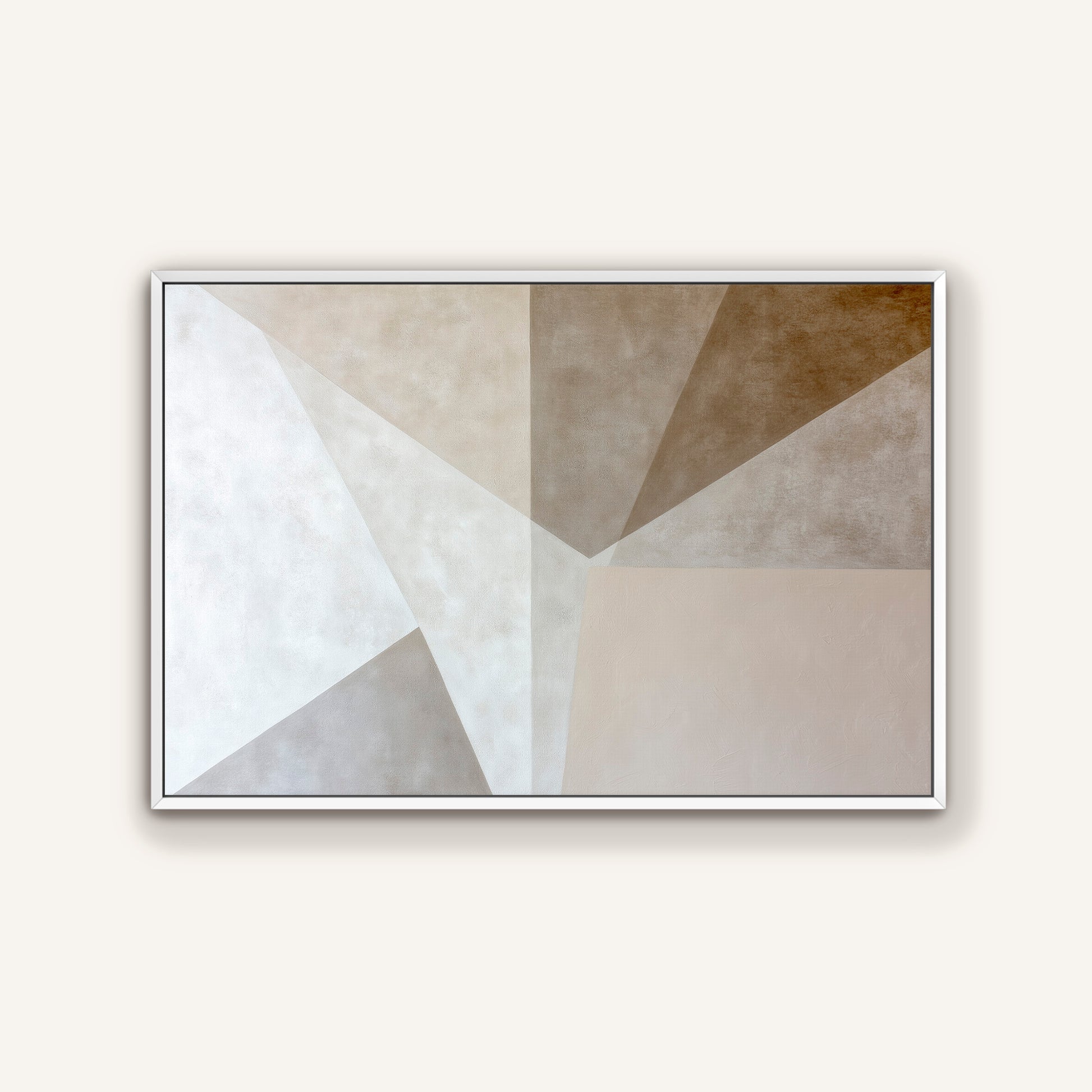 The image is a minimalist abstract artwork composed of geometric shapes in various shades of gray and beige.