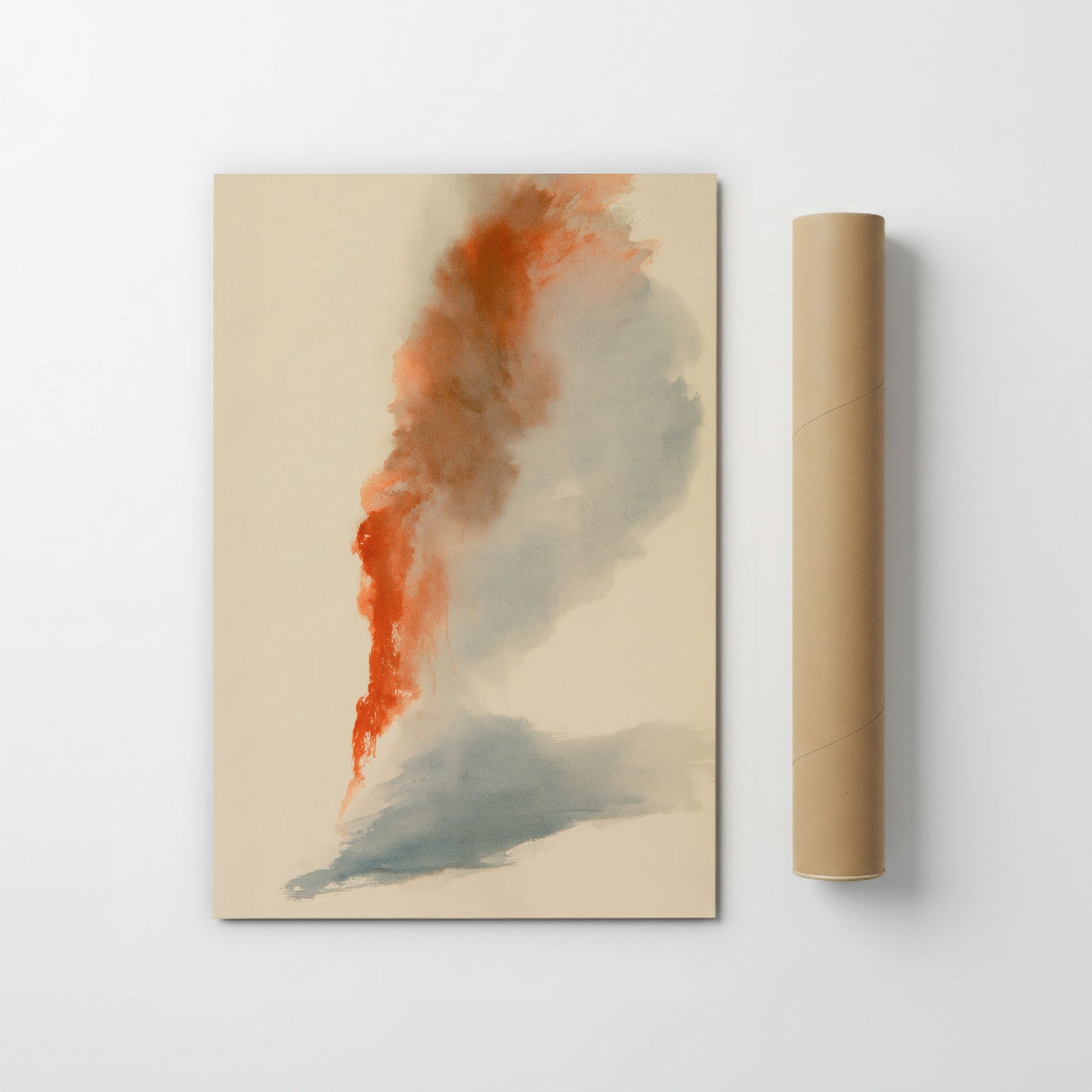 The image is a painting of a large, abstract cloud-like shape in shades of orange and gray, with a tube of paper standing next to it.