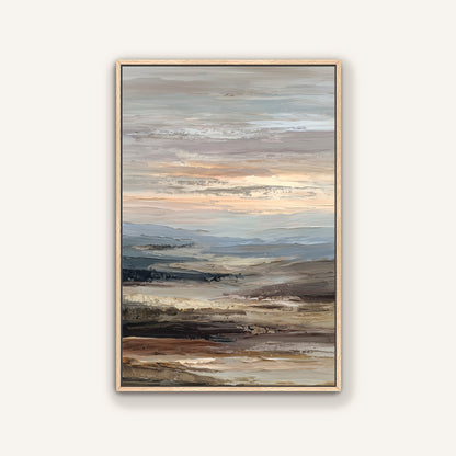 The image is a framed abstract landscape painting depicting a serene, hazy sky with a blend of earthy tones and soft, muted colors.