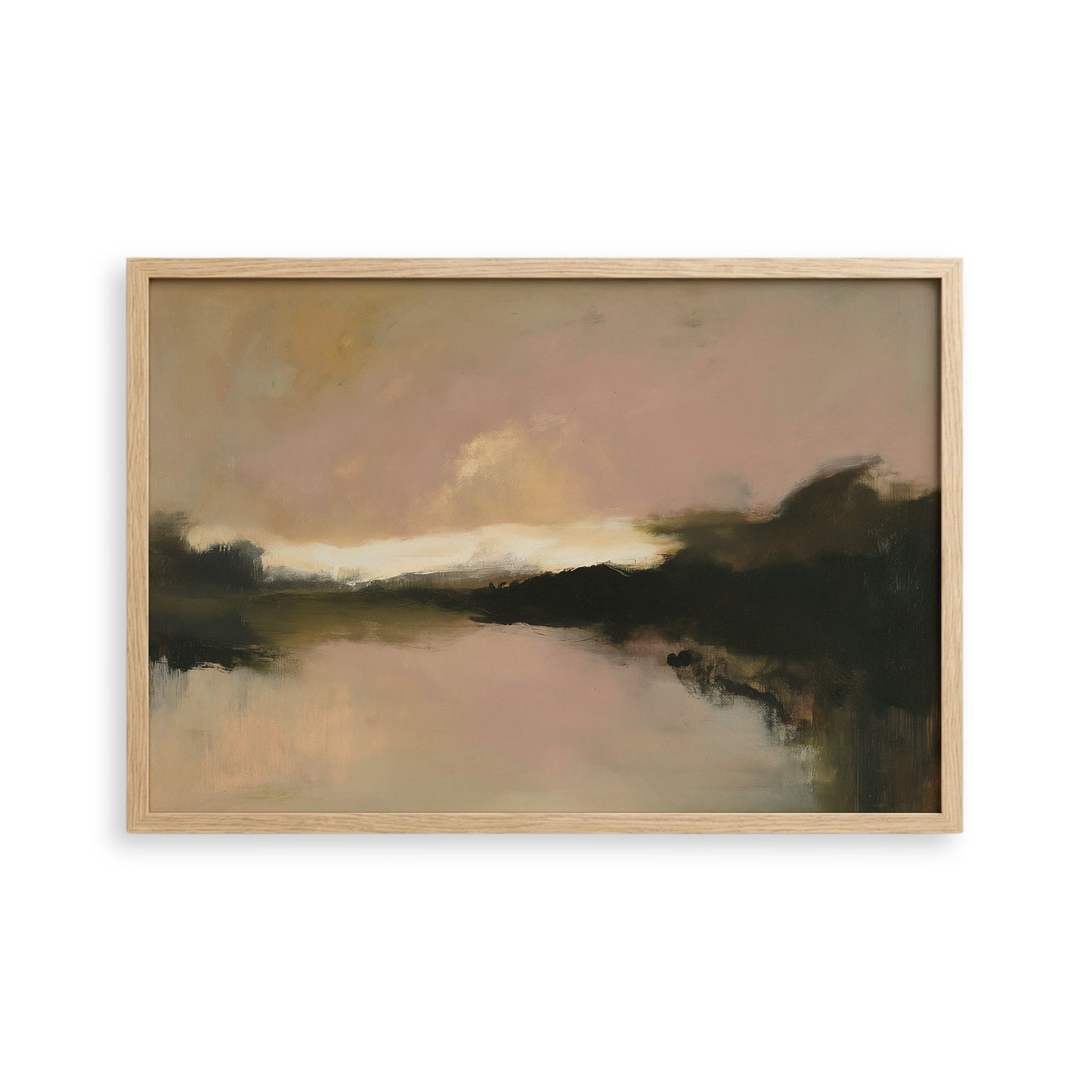 The image is an abstract landscape painting featuring a serene scene of a body of water with a cloudy sky in the background.