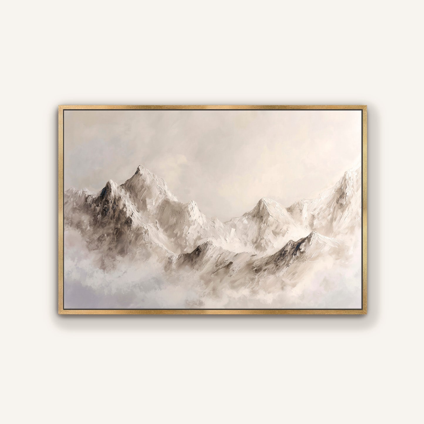 a serene landscape with majestic mountains shrouded in a light mist, creating a sense of tranquility and grandeur.