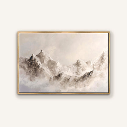 a serene landscape with majestic mountains shrouded in a light mist, creating a sense of tranquility and grandeur.