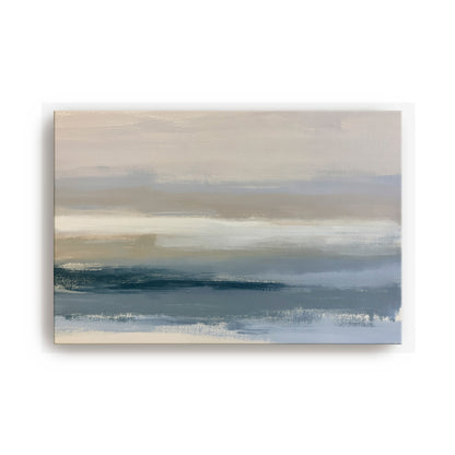 The image is an abstract painting depicting a serene landscape with a calm body of water and a cloudy sky.