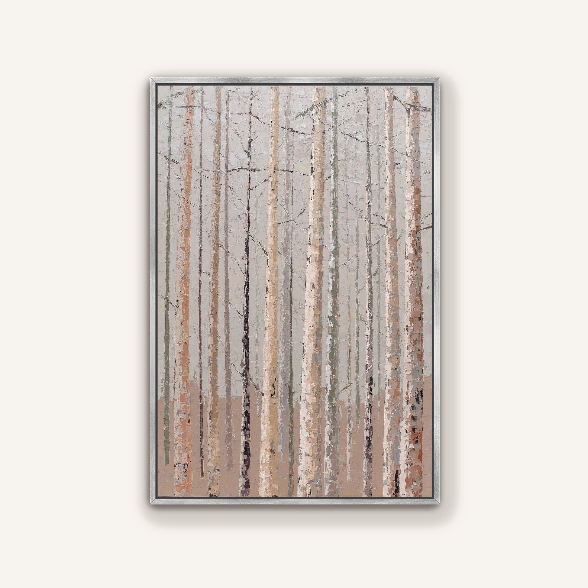 The image is a framed painting depicting a forest scene with tall trees and a light brown color palette.