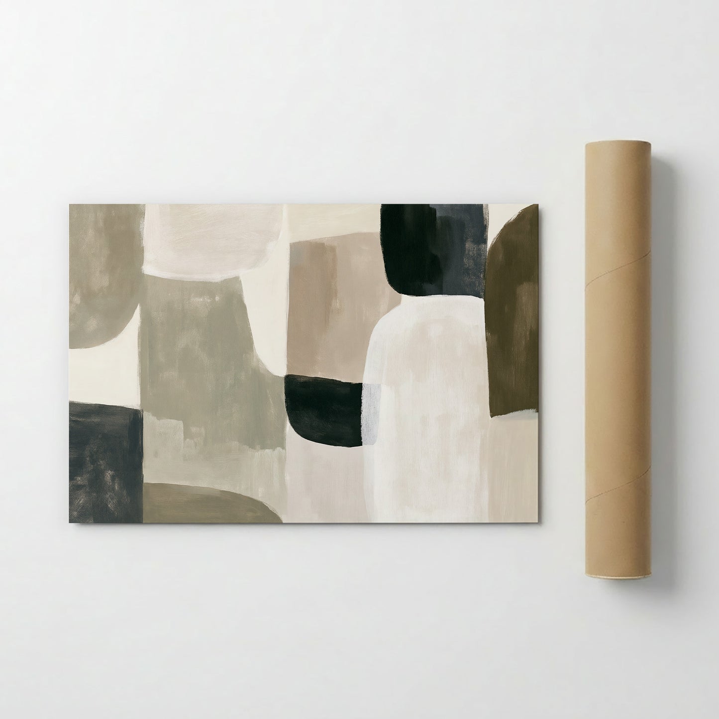 The image is a large abstract painting with a minimalist design, featuring a variety of shapes and colors.