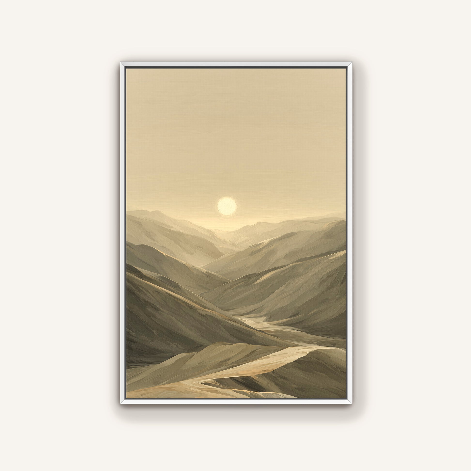 framed canvas with a sleek white frame of a neutral desert landscape.