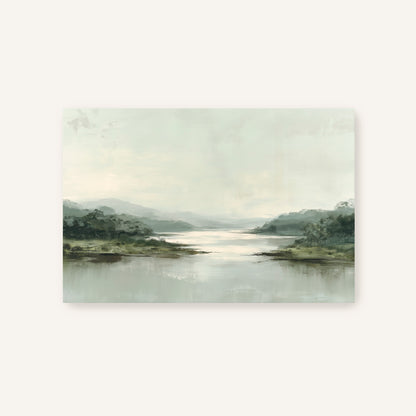 a serene landscape with a calm lake surrounded by lush greenery and mountains in the distance.