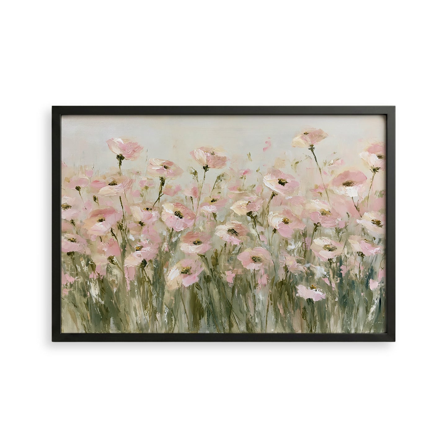 The image is a framed painting depicting a field of pink flowers.