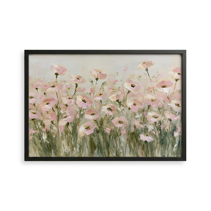The image is a framed painting depicting a field of pink flowers.
