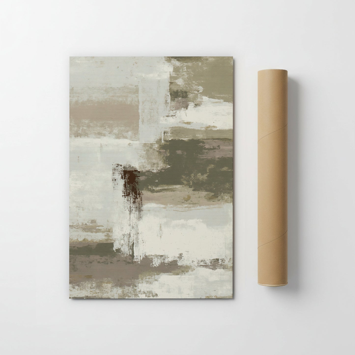 a large abstract painting with a mix of light and dark colors, including shades of brown, gray, and white. The painting is displayed on a white wall, and there is a roll of brown paper or cardboard next to it.
