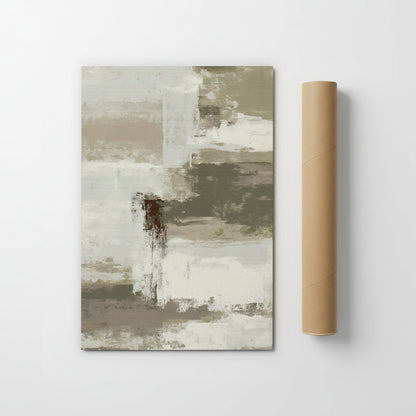 a large abstract painting with a mix of light and dark colors, including shades of brown, gray, and white. The painting is displayed on a white wall, and there is a roll of brown paper or cardboard next to it.