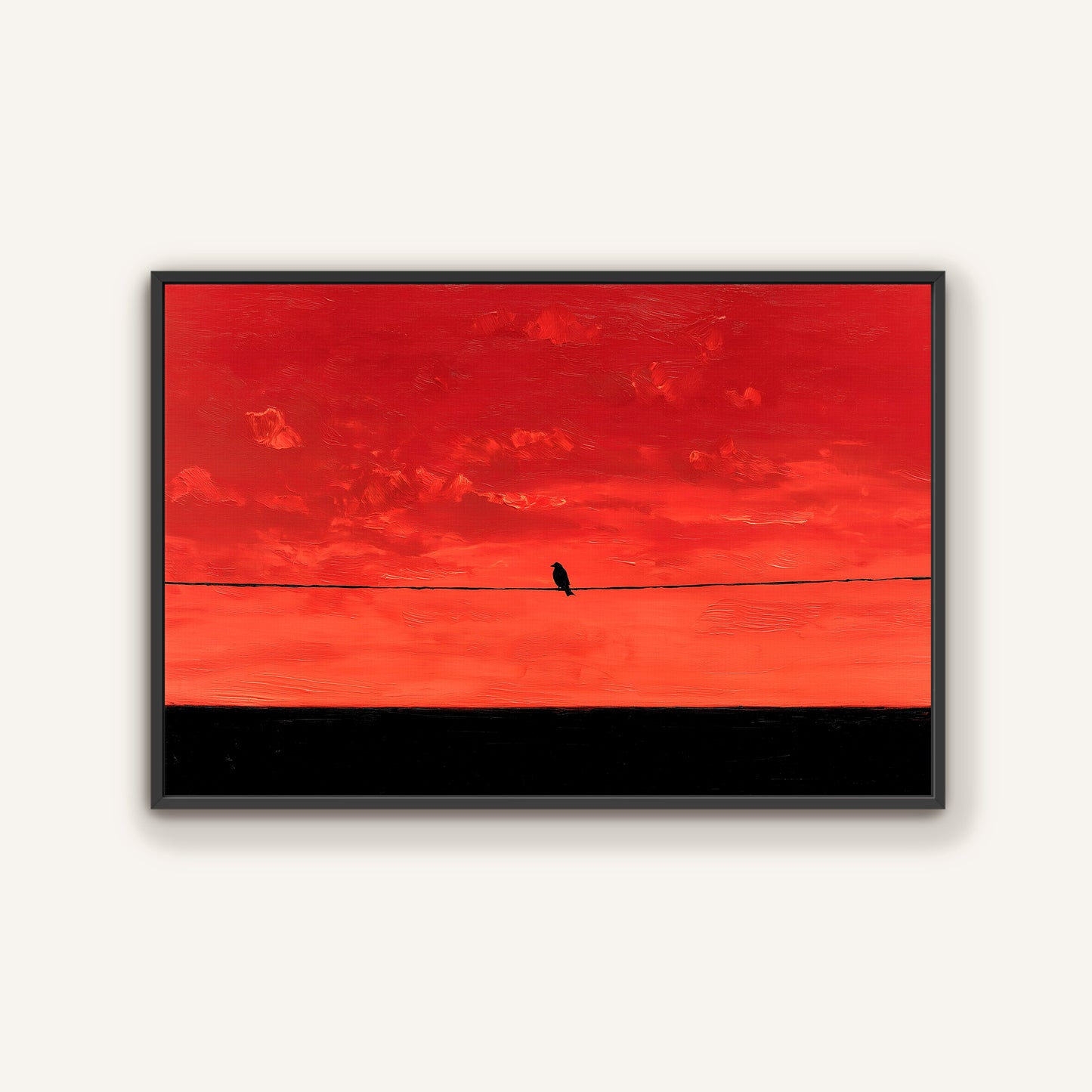 A lone bird perched on a wire against a vibrant red and orange sky.