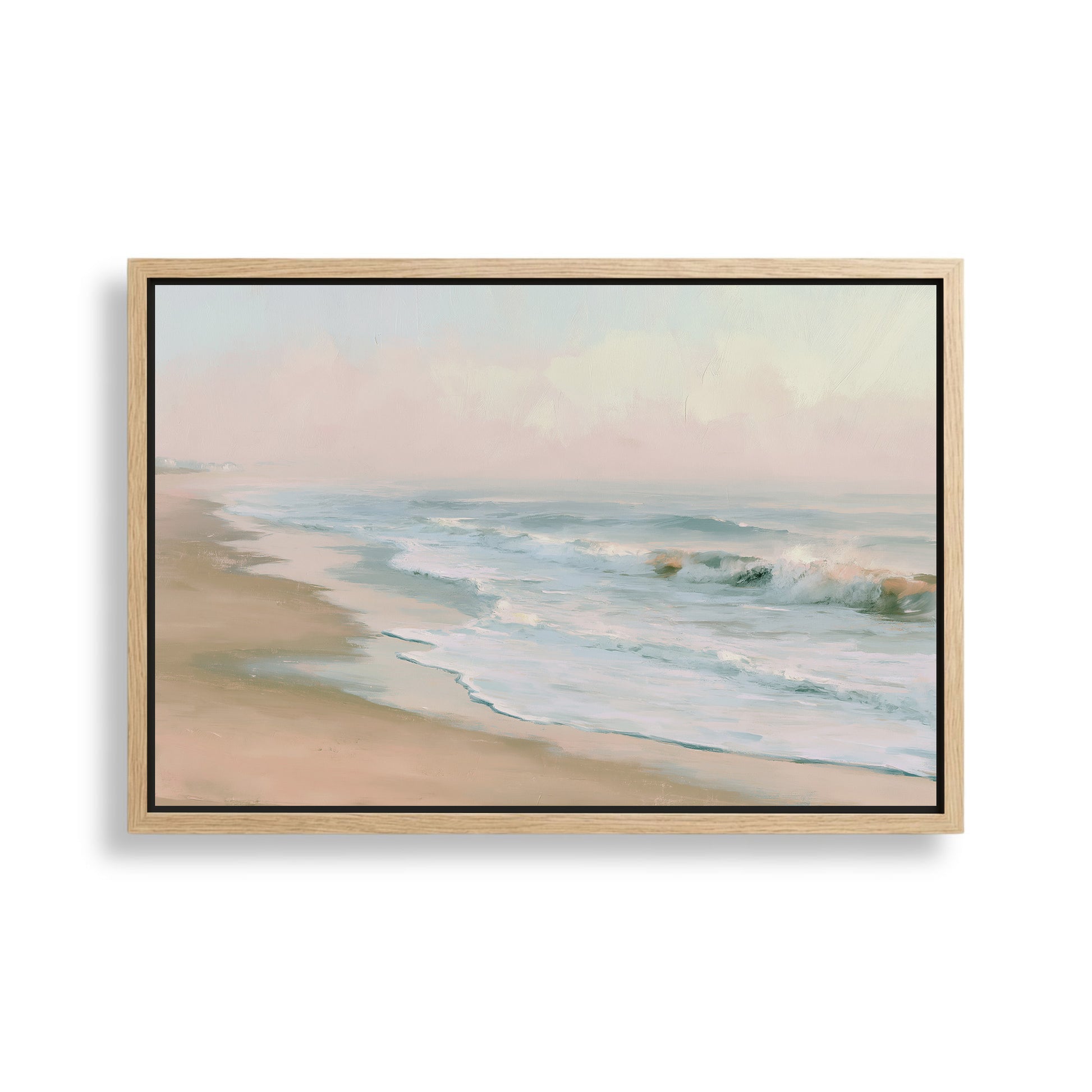 a serene beach scene with waves gently lapping against the shore.