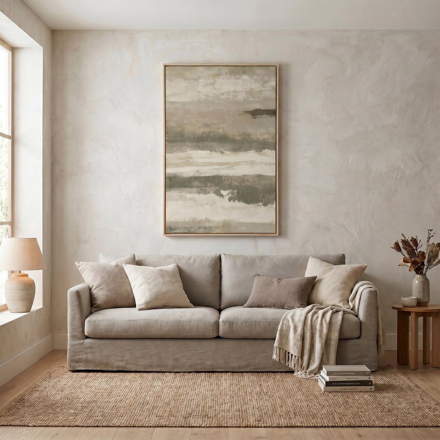 a cozy living room with a large window, a gray sofa adorned with throw pillows, and a framed abstract painting hanging on the wall above the sofa.