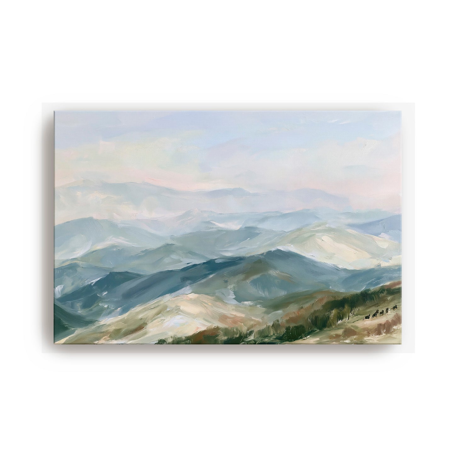 a serene landscape of mountains, with a hazy, pale blue sky above.