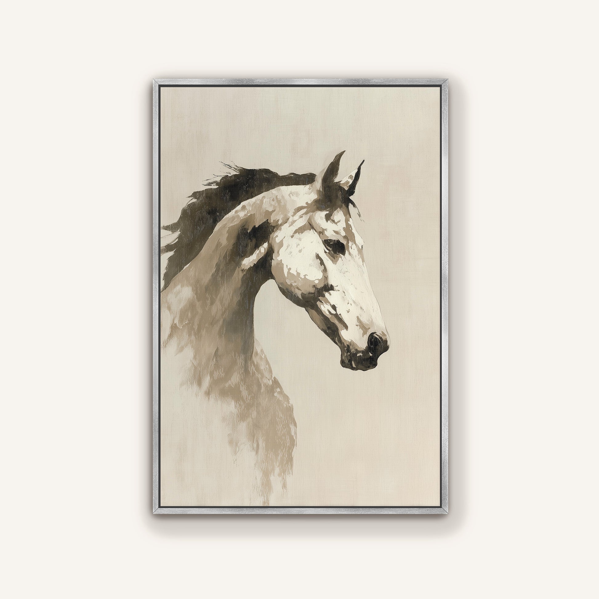The image is a black and white portrait of a horse, with a simple and elegant composition.