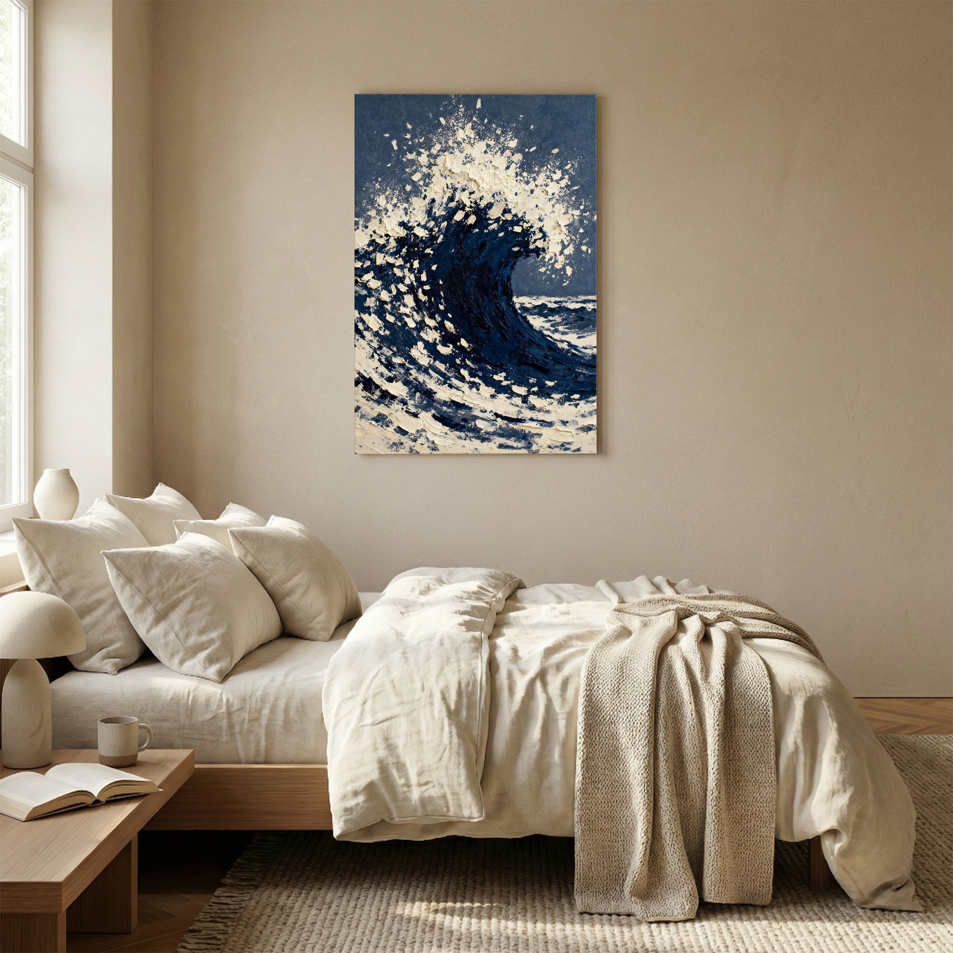 a serene bedroom scene with a large bed, a nightstand, and a painting of a crashing wave hanging on the wall.