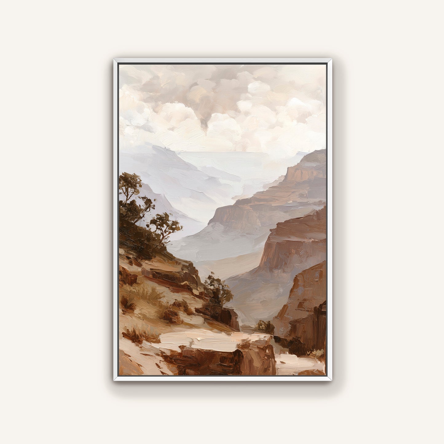 a breathtaking view of the Grand Canyon, with its vast, rugged landscape stretching out into the distance. The canyon's deep brown color contrasts with the lighter tones of the sky and clouds above, creating a dramatic and awe-inspiring scene.
