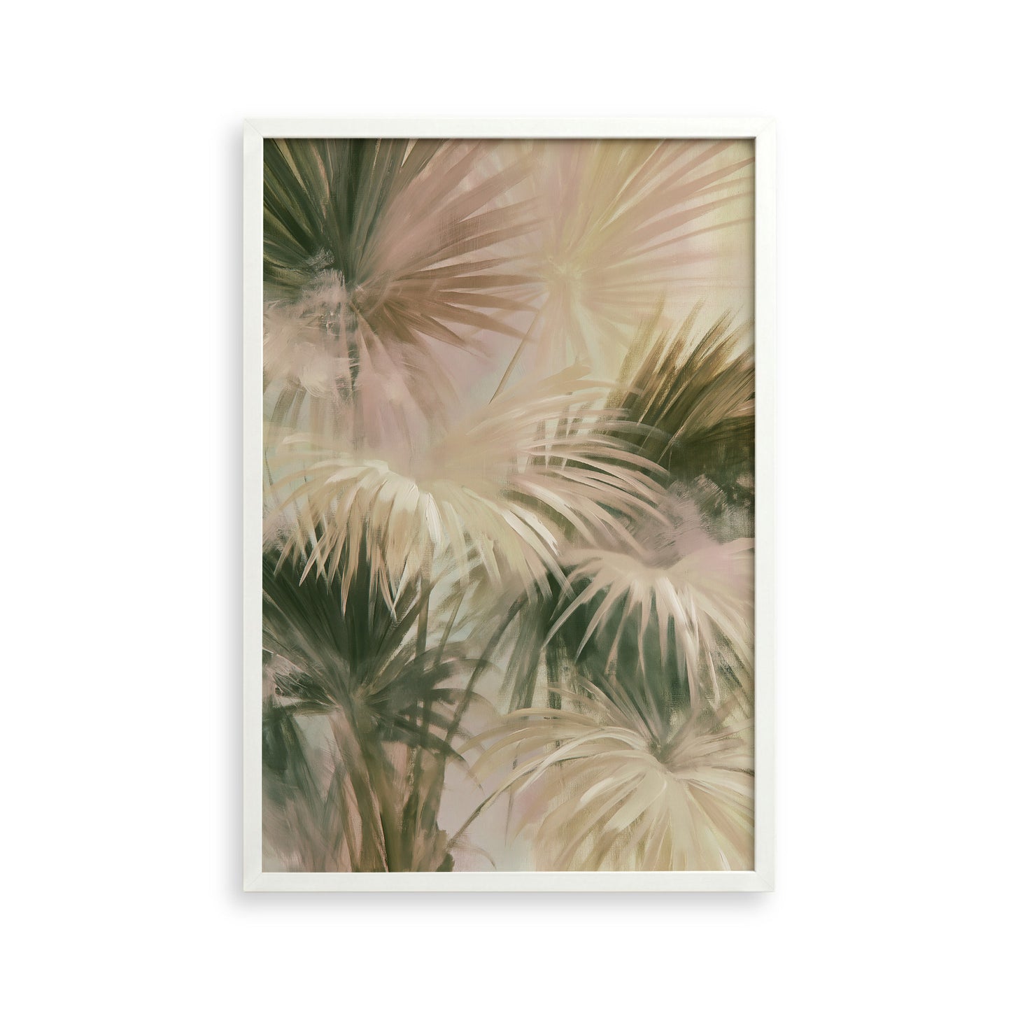 The image is a framed print featuring a close-up view of palm leaves in various shades of green and beige.