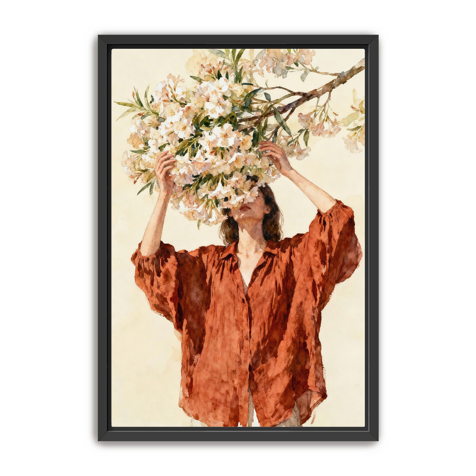 A woman in a red dress stands in front of a tree with white flowers, her face partially obscured by the blossoms.