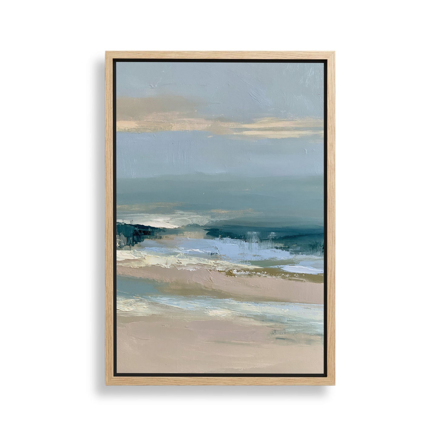 The image is a framed painting depicting a serene landscape with a body of water, possibly a lake or ocean, and a cloudy sky.
