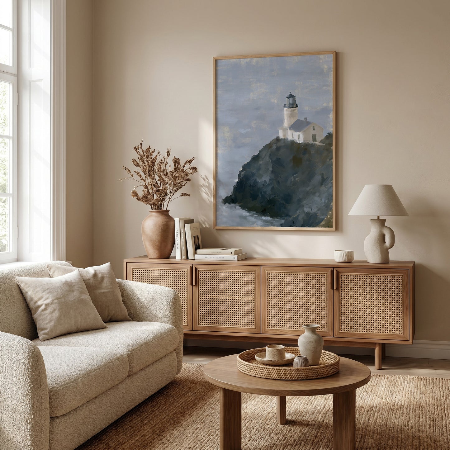 a cozy living room with a large painting of a lighthouse on the wall, a wooden cabinet, a beige sofa, and a round coffee table.