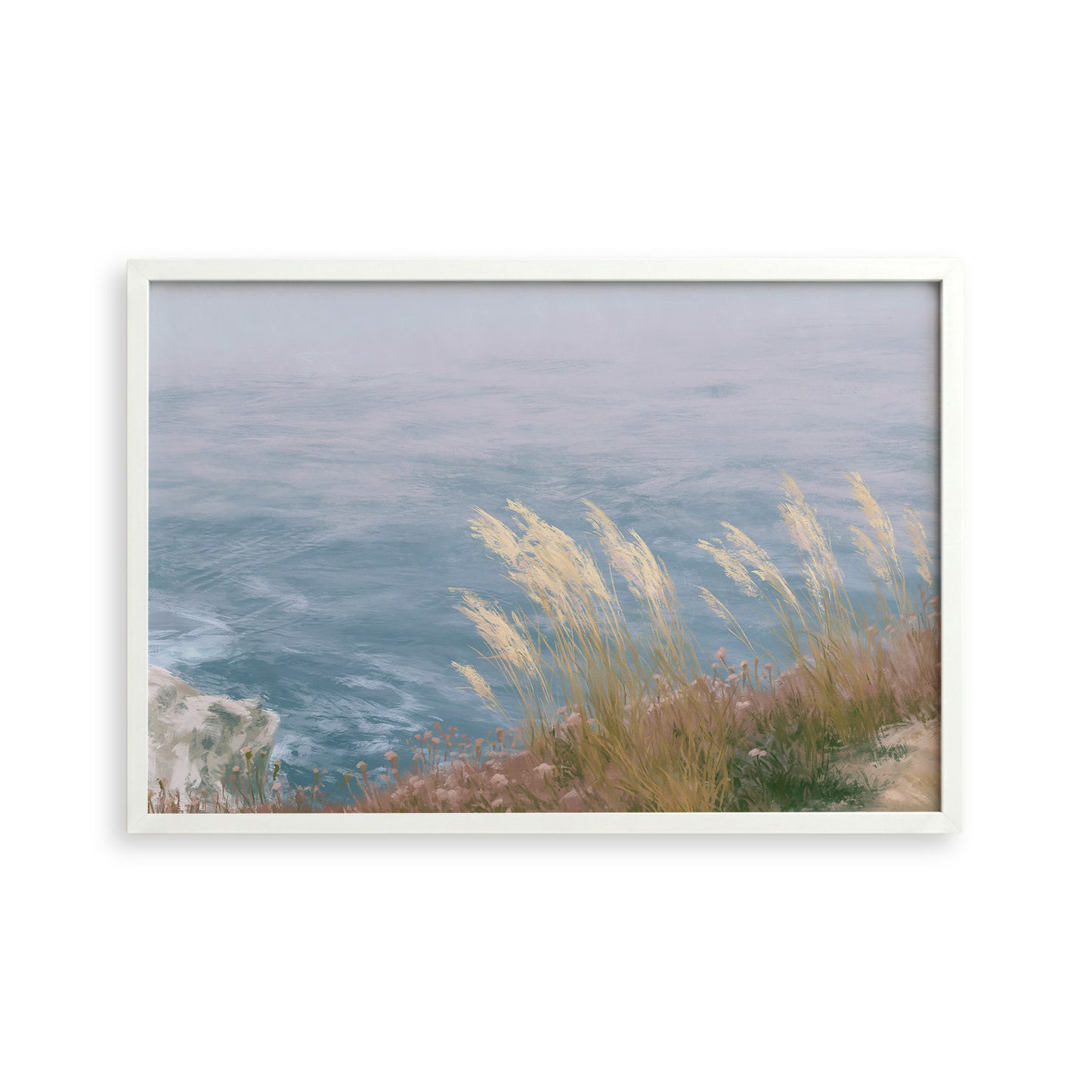 A framed image depicting a serene coastal landscape with a rocky cliff overlooking a body of water, surrounded by tall grasses and flowers.