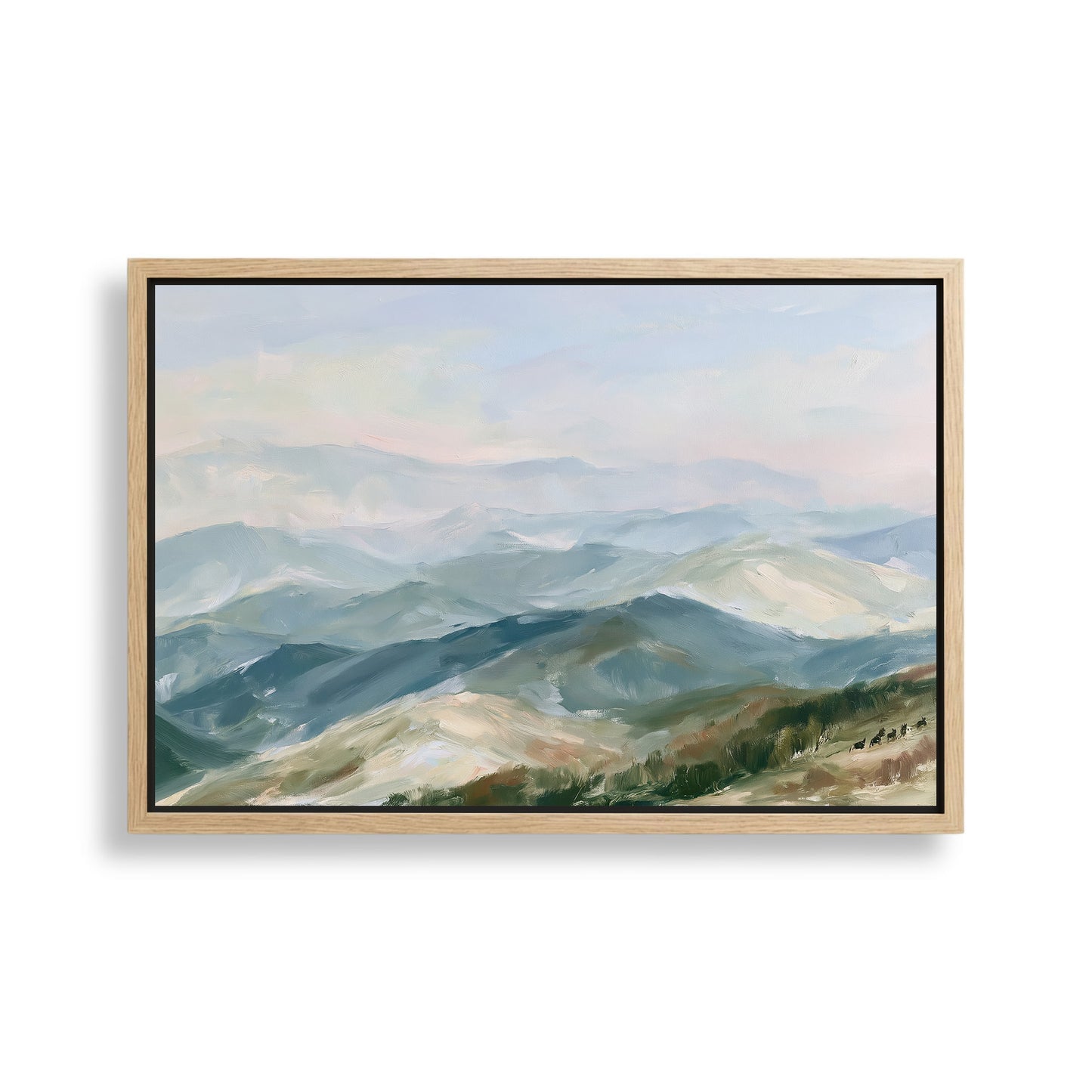 The image is a painting of a mountainous landscape with rolling hills and valleys, depicting a serene and picturesque scene.
