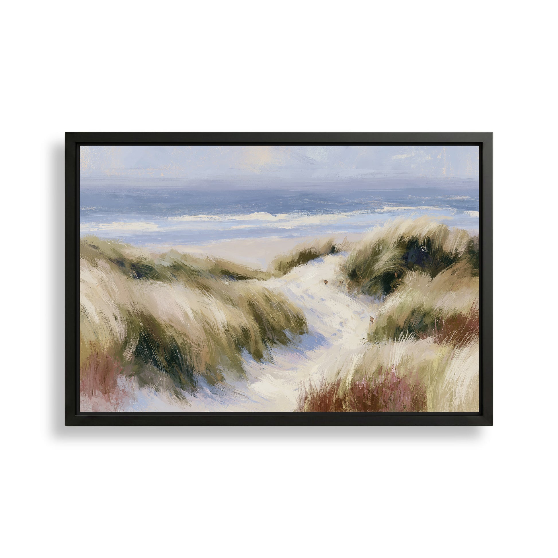 The image is a framed painting depicting a serene beach scene with sand dunes, grassy areas, and a body of water in the background.
