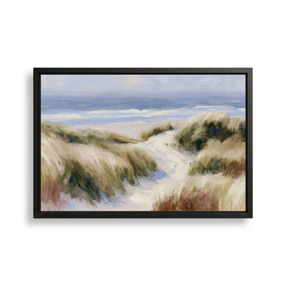 The image is a framed painting depicting a serene beach scene with sand dunes, grassy areas, and a body of water in the background.
