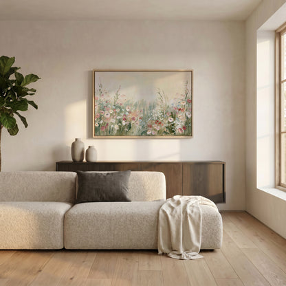 a serene living room with a large, beige sofa adorned with a gray throw blanket and a black throw pillow. Above the sofa, a large painting of flowers hangs on the wall, adding a touch of nature to the space. The room is illuminated by natural light streaming in from a window, creating a warm and inviting atmosphere.